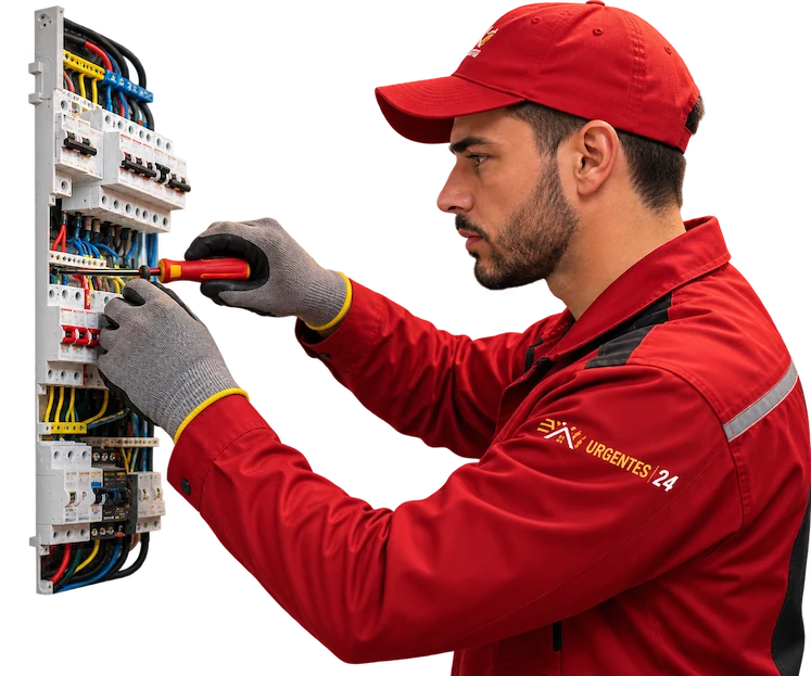 Electricista profesional de Reparaciones Urgentes 24 reparando un cuadro eléctrico